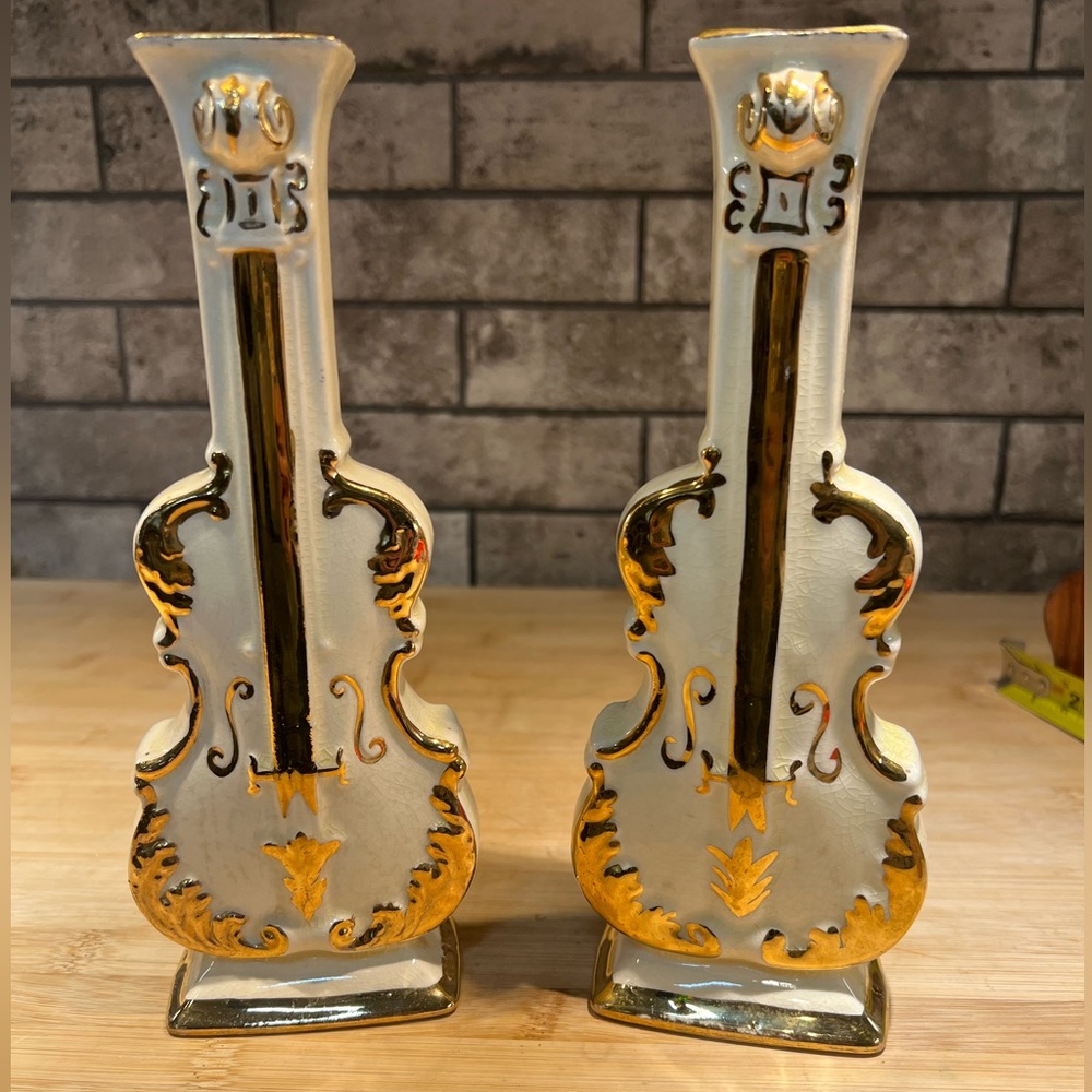 Pair of Vintage Goldra E. Palestine Mid-century Violin 9” Vases / Wall Pockets